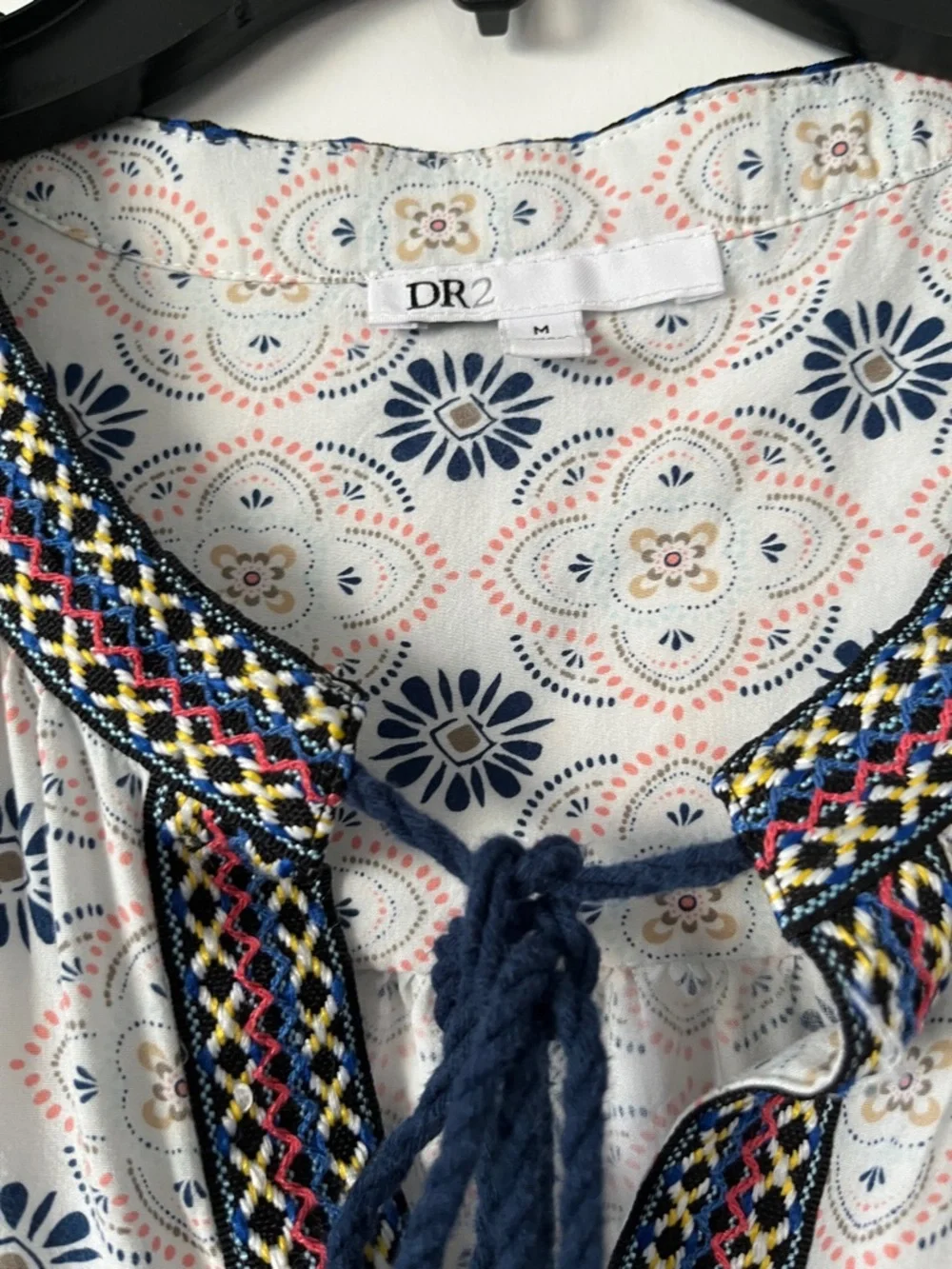 DR2 Navy, White & Tan Embroidered Tassel-Neck Blouse - Picture 2 of 2